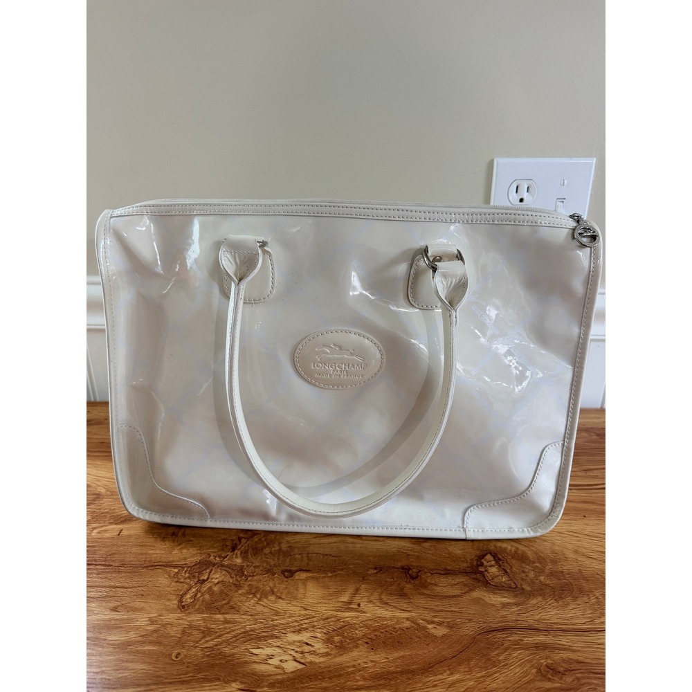 Longchamp Paris Made in France White Patent Monogram Tote Bag Y2K *FLAWS*
